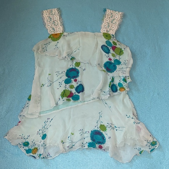 MISOMISO silk tiered sequence beaded tank top flowy floral scalloped NEW size L - Picture 1 of 10